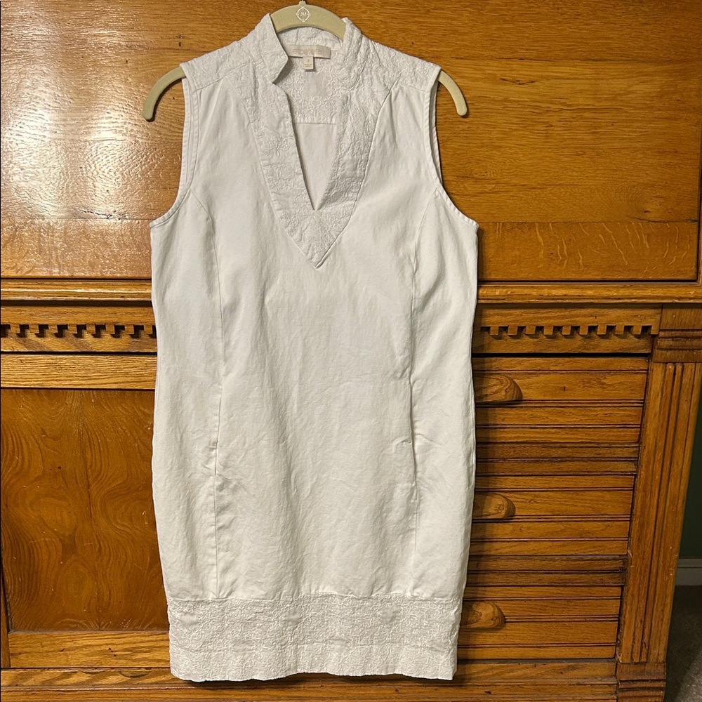 Etcetera White Sleeveless Textured Neckline & Hem Sheath Dress Summer Classy